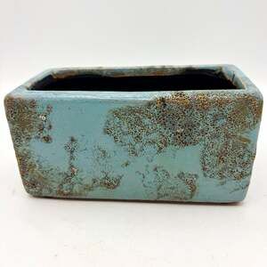 Unmarked Ceramic Rectangular bonzai Planter. Blue Brown. Abstract Pattern.